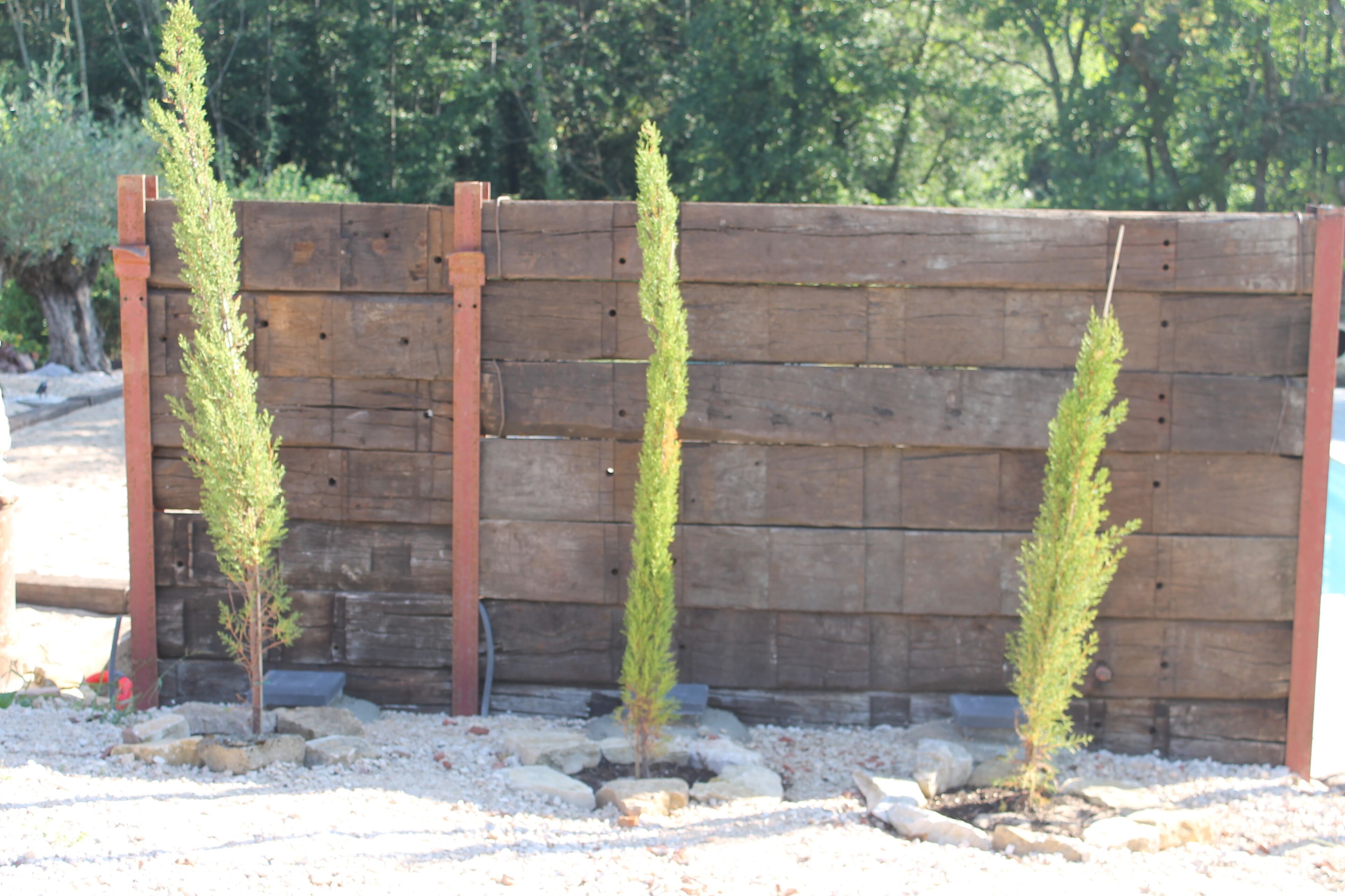Une clôture en bois avec trois jeunes arbres plantés dans le sol.