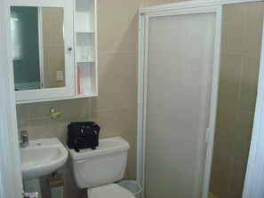 Shower, towels, soap, toilet paper