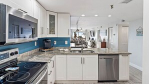 Una cocina moderna con armarios blancos, estufa integrada y lavavajillas.