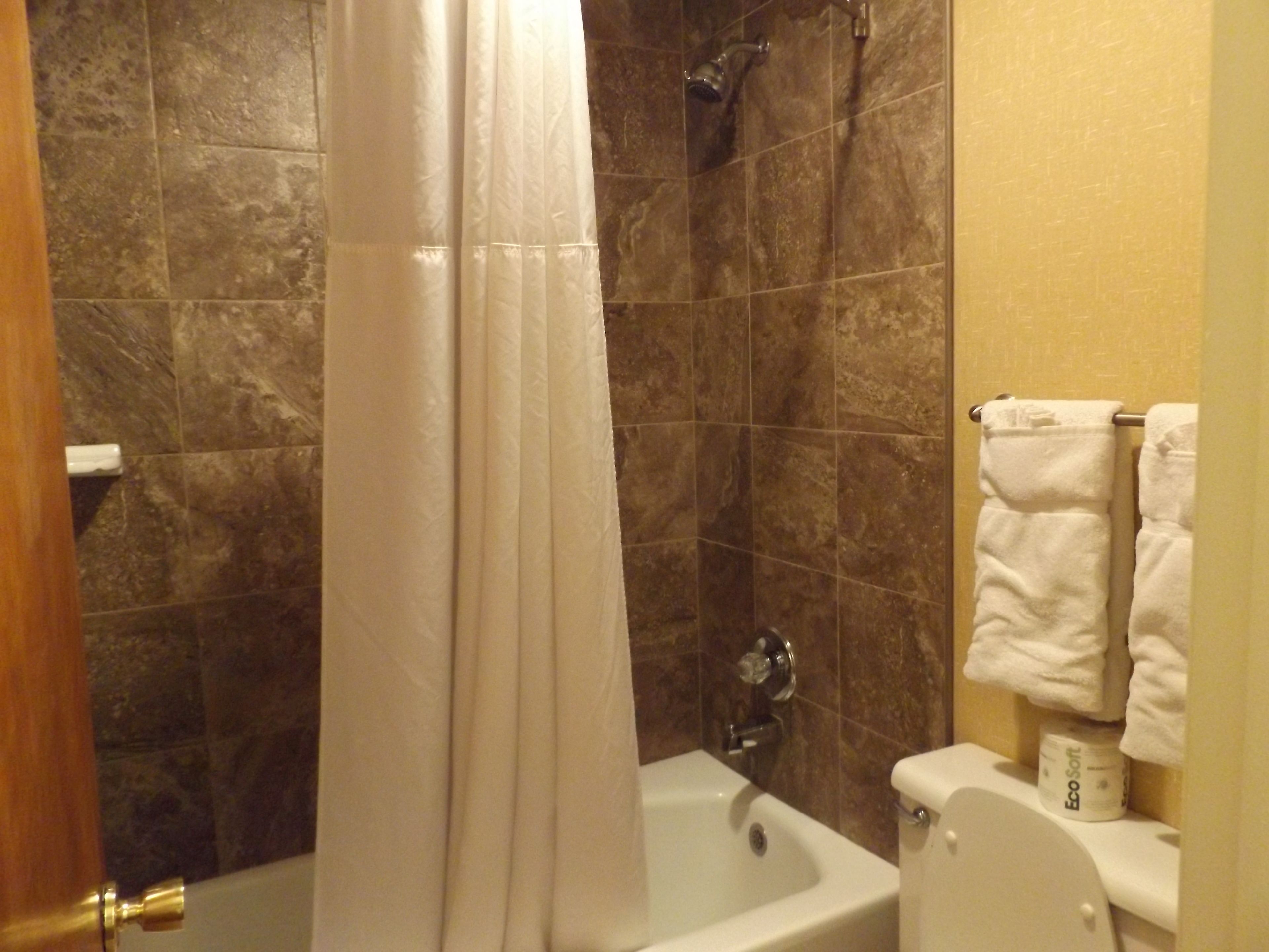combined shower/bathtub, deep-soaking bathtub, free toiletries