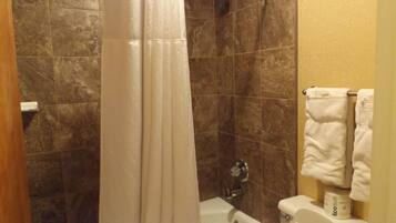 A bathroom with a shower, a bathtub, and a toilet.