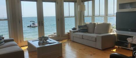 Smart TV, fireplace, books