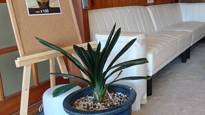 A white leather sofa, a blue potted plant, and a framed poster on a wooden easel. - Resort Inn Fujihashi (Fujikawaguchiko)