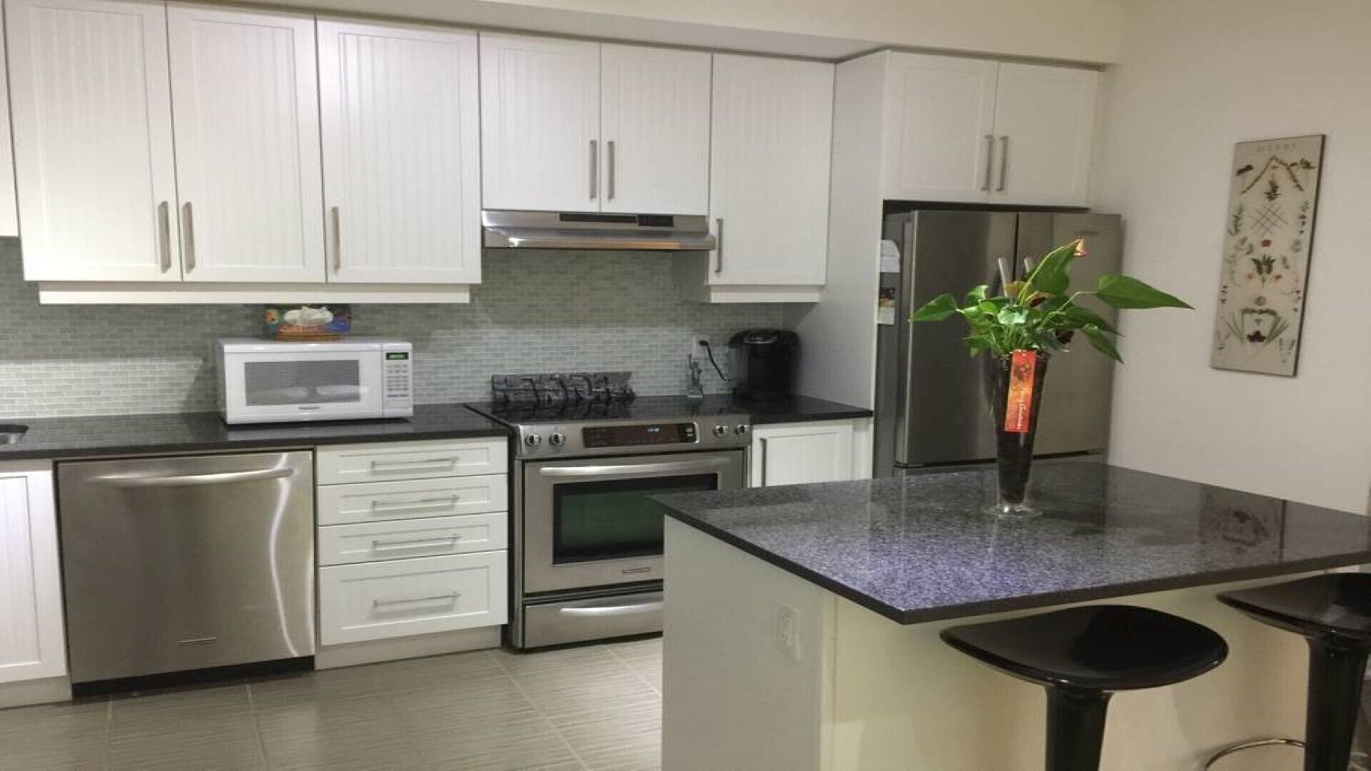 Microwave, dishwasher, coffee/tea maker, cookware/dishes/utensils