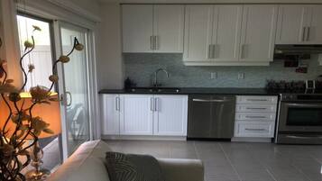 Microwave, dishwasher, coffee/tea maker, cookware/dishes/utensils