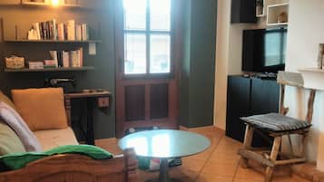 Smart TV, fireplace, books