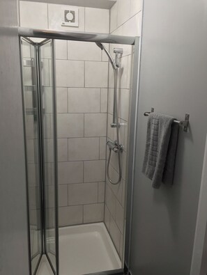 A glass-enclosed shower stall with a handheld showerhead and a wall-mounted towel rack.