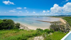 A coastal landscape with a beach, clear sky, and distant buildings.