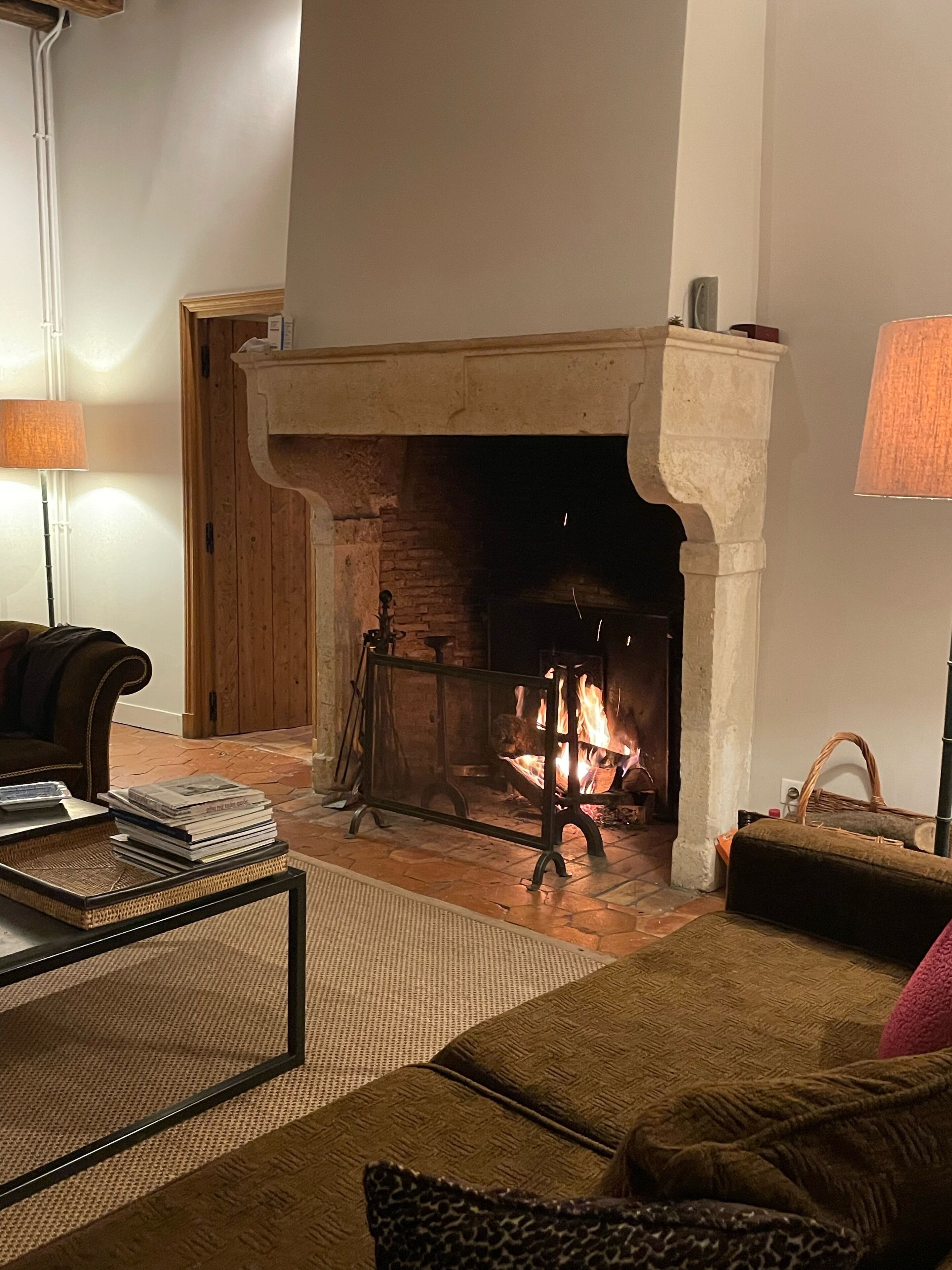 TV, caminetto, lettore DVD, libri