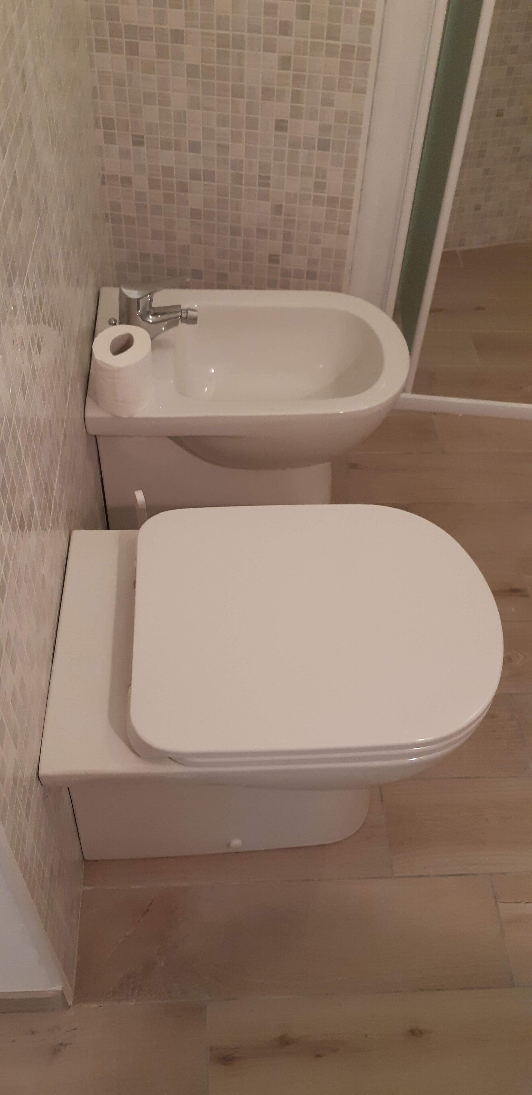 A bathroom with a toilet and a bidet.