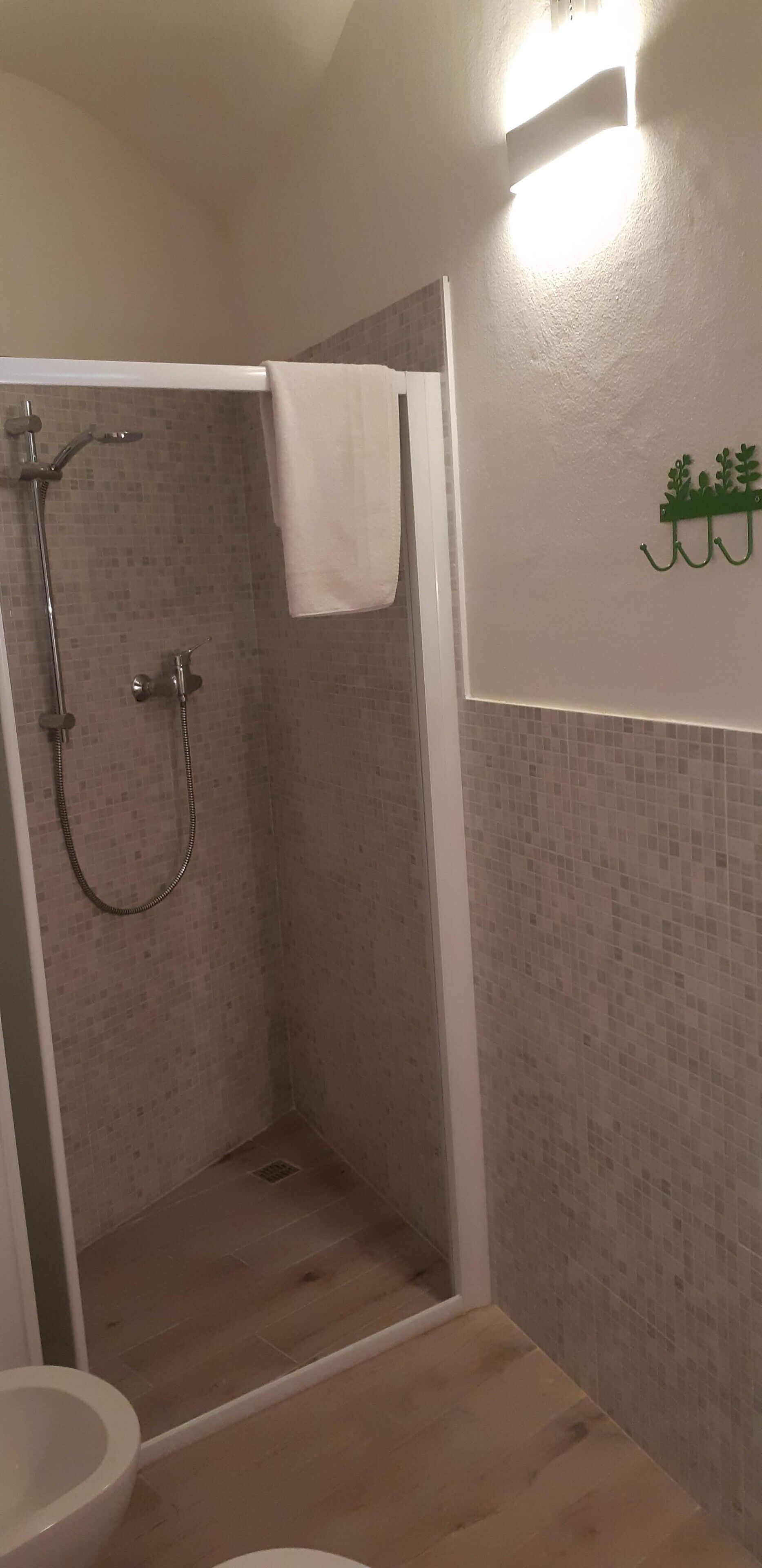 Un baño con ducha, inodoro y toallero.