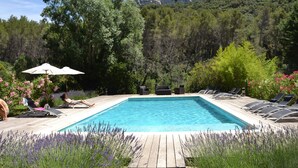 A rectangular swimming pool with a wooden deck, surrounded by lounge chairs and umbrellas. - Magnificent Bastide in the heart of alpilles, quiet absolute, exceptional position, private Tennis, Swimming pool warmed 7 rooms 4 bathrooms (Fontvieille)