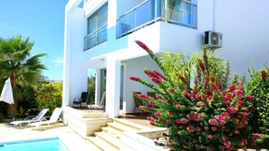 A modern two-story house with a pool, outdoor seating, and lush greenery.