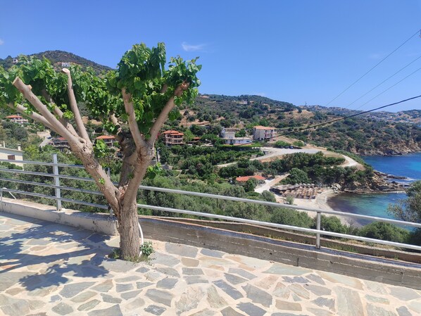 Uma área pavimentada em pedra com uma árvore, um corrimão de metal e vista para uma cidade costeira com edifícios e uma praia.