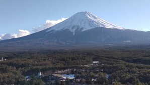 A snow-capped mountain with a forested valley below. - Nakano (Fujiyoshida)