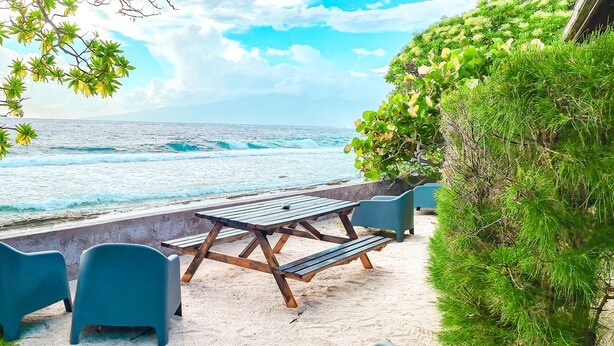 Un espace aménagé avec des tables et des chaises en bois, situé au bord de la plage et offrant une vue sur l’océan.