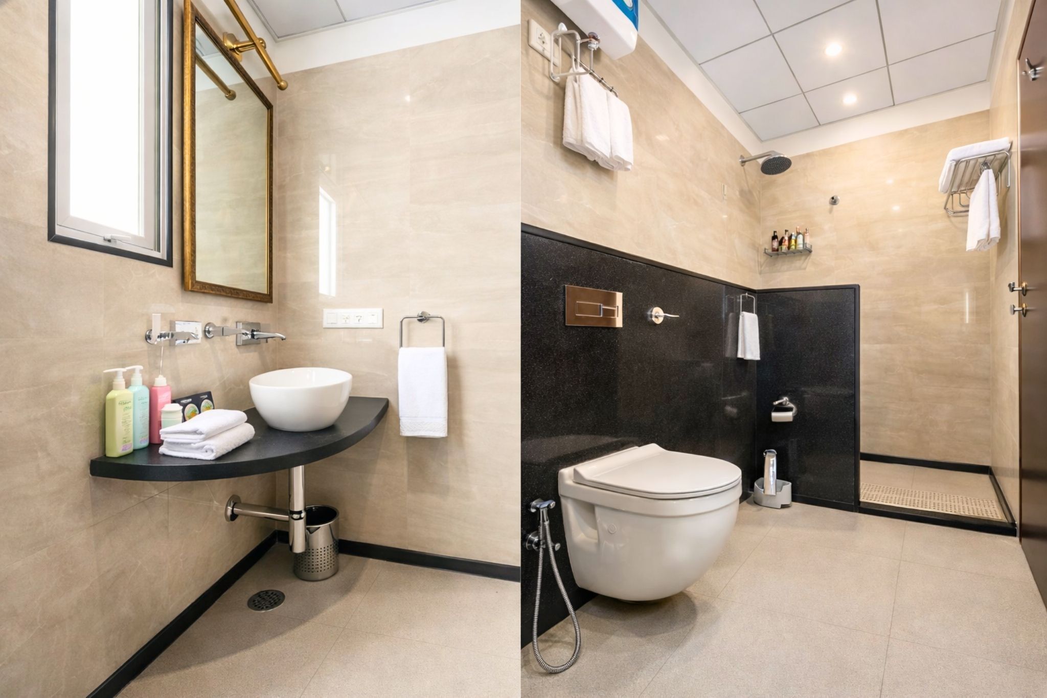 A modern bathroom with a large sink, toilet, and shower.