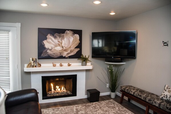 Smart TV, fireplace, stereo