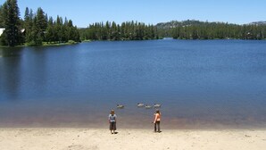 A lake with a sandy beach and a forested shoreline. - Lakeview Capone Getaway, great sledding on property, fun loft for kids, Lg deck (Soda Springs)