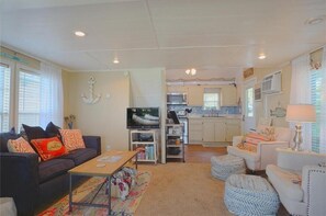 Smart TV, fireplace, books, streaming services