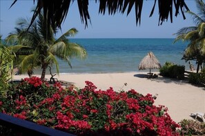 On the beach, sun loungers, beach towels