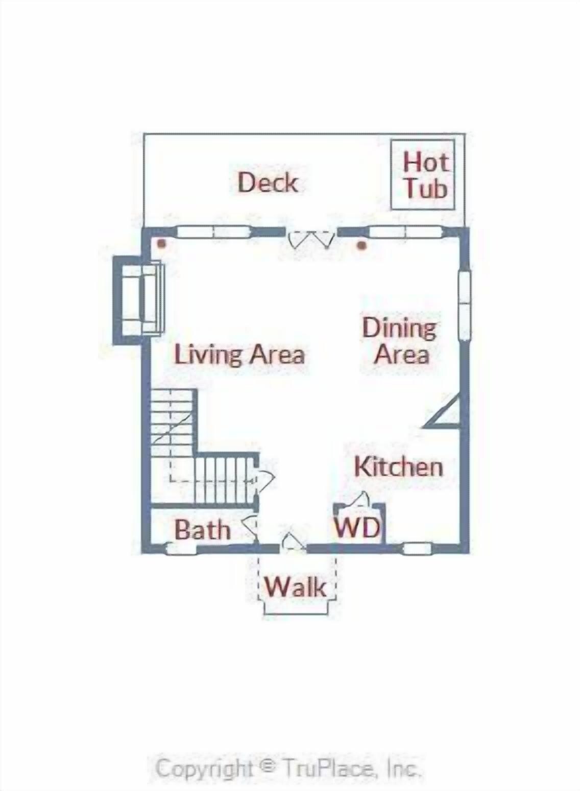A floor plan with a deck, hot tub, living area, dining area, kitchen, bath, and walk-in closet.