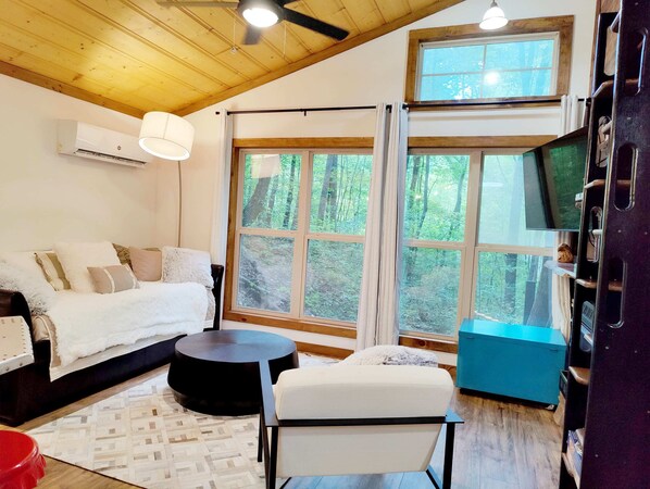 Télévision, cheminée, chaîne hi-fi, espaces bureaux