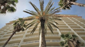 A high-rise hotel with multiple balconies, palm trees, and a clear sky. - Beach Club Ground Floor! Right on the beach - Pools- WIFI (Gulf Shores)