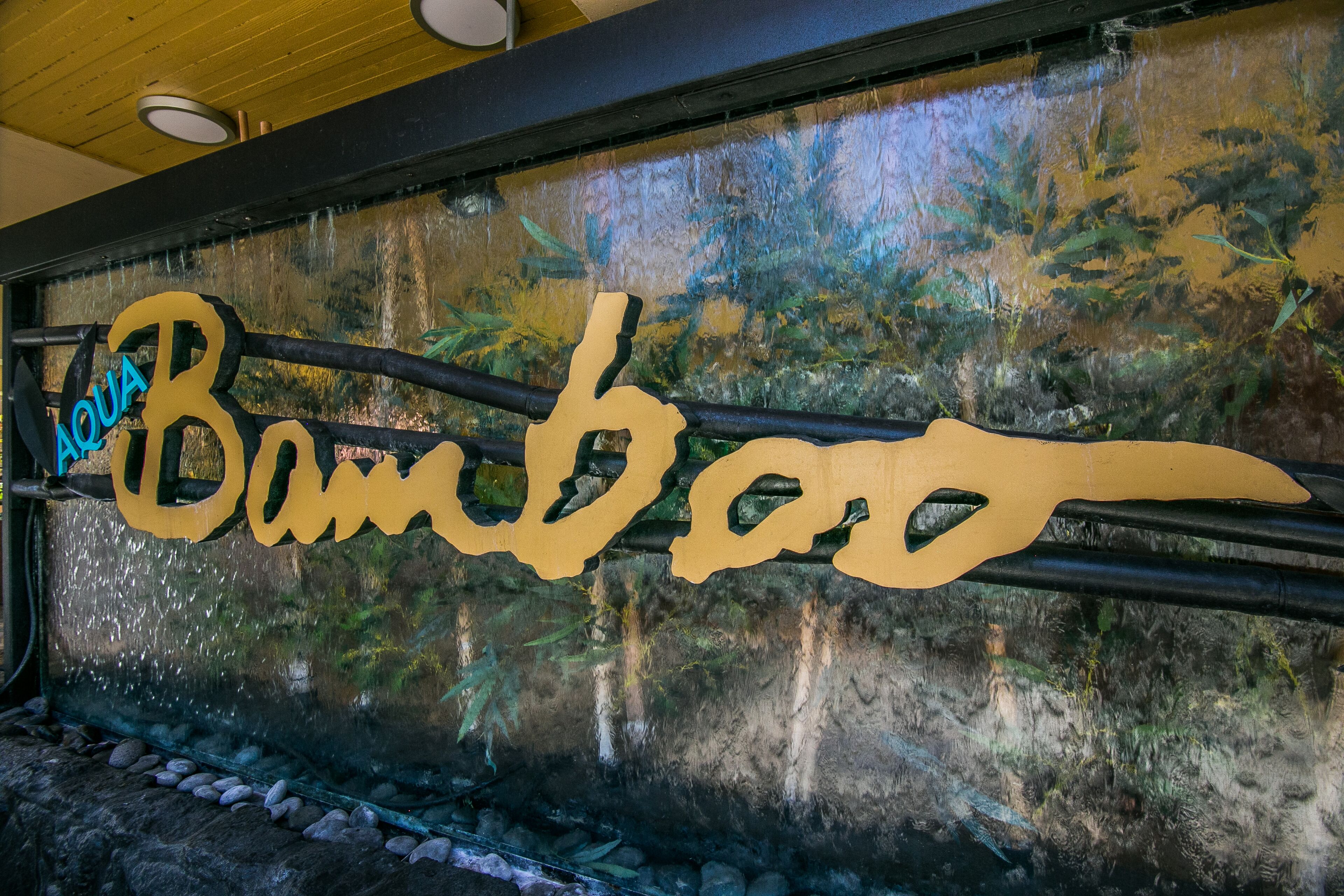 Una pared con la inscripción "Aqua Bamboo" en una fuente estilizada.