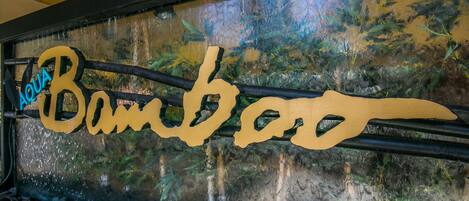 Una pared con la inscripción "Aqua Bamboo" en una fuente estilizada.
