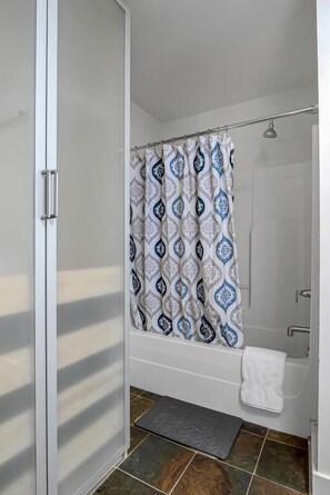 Shower, hair dryer, towels