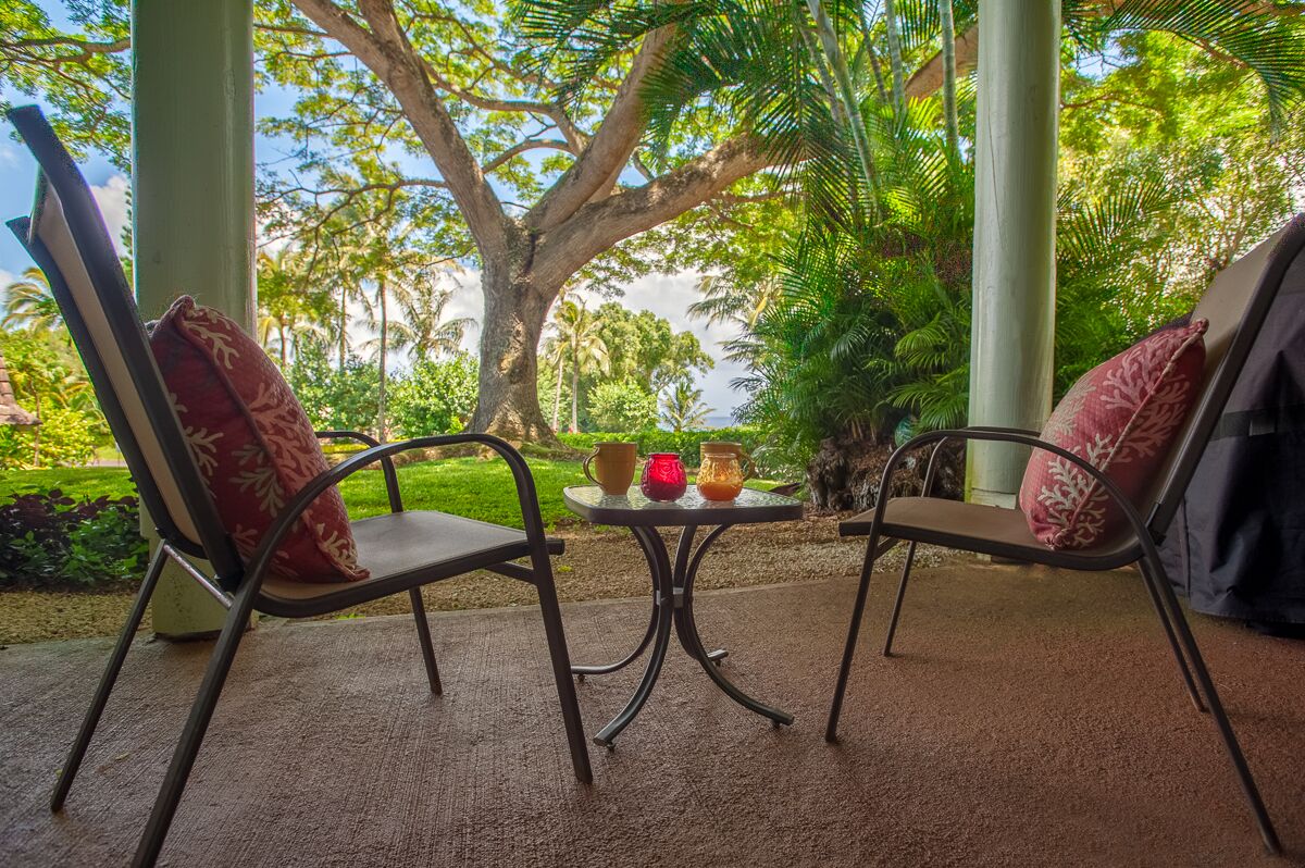 Shady ocean view lanai, walk to Anini Beach, dining, shopping