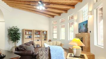 Älytelevisio, takka, kirjoja