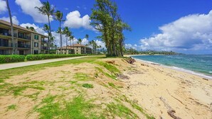 A beachfront hotel with a sandy beach, palm trees, and ocean views. - Kauai Pono Kai Resort BR/1BA Condominium -- Sleeps 4  (Kapaa)