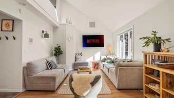 Smart TV, fireplace, video games, DVD player