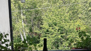 Une table en verre avec une bouteille de vin et deux verres à vin, sur un balcon offrant une vue sur la verdure.