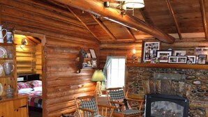 A cozy cabin interior with a fireplace, wooden walls, and a stone fireplace surround.