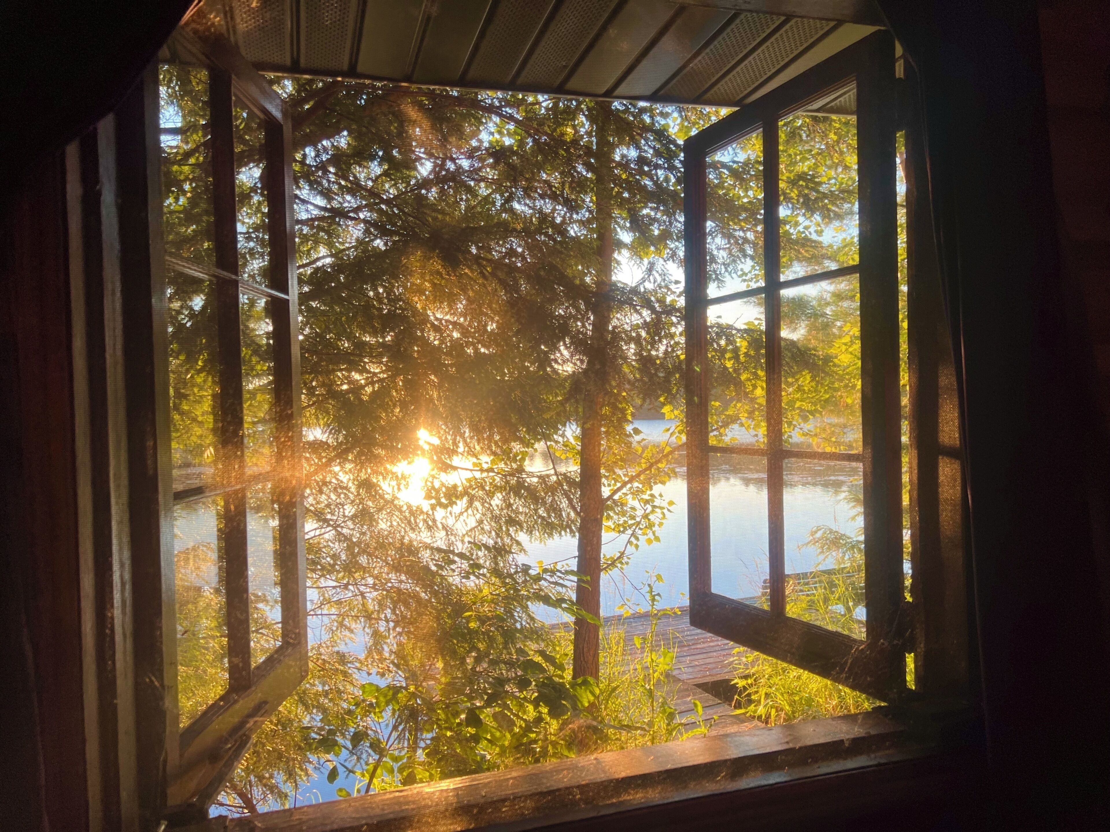 A view through a window with a wooden frame, overlooking a body of water and trees.