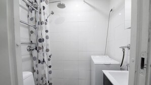 Ein kleines, kompaktes Badezimmer mit Toilette, einer Dusche inklusive Handbrause und einem Waschbecken mit Spiegel.