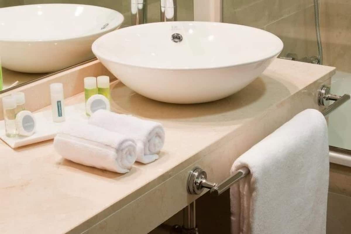 hair dryer, bidet, towels, soap