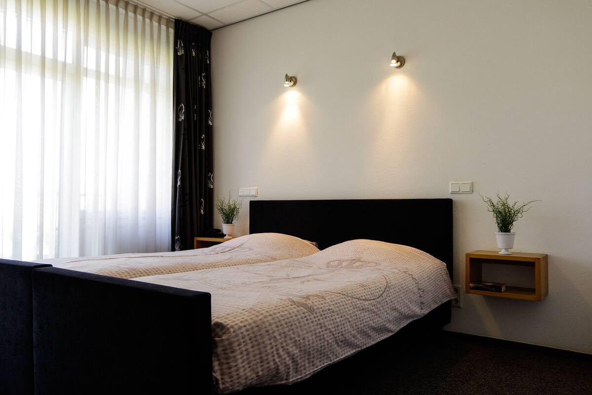 Een tweepersoonsbed met een zwart hoofdbord, twee nachtkastjes met plantenpotjes, en dunne gordijnen voor een raam.