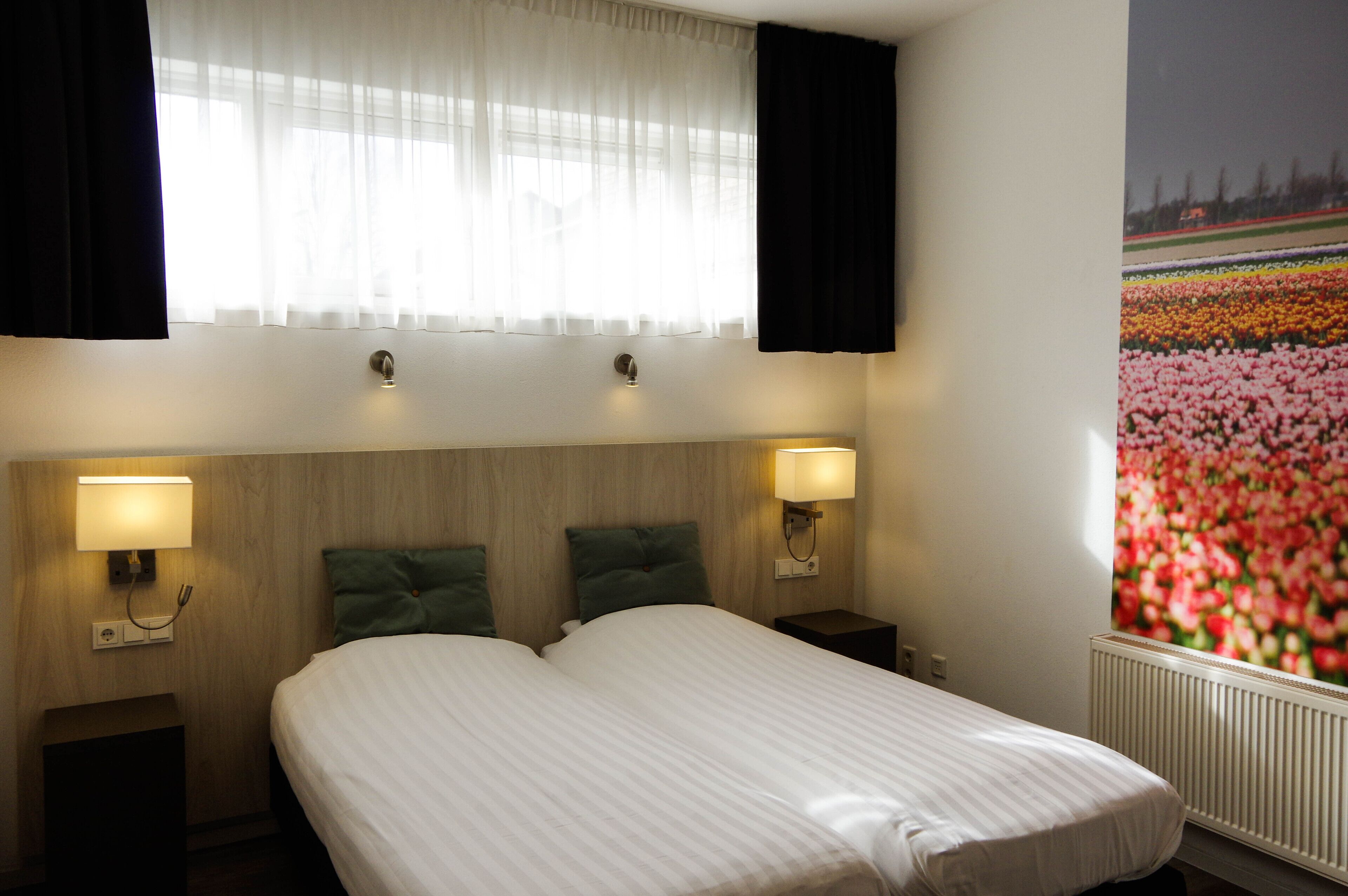 Una habitación de hotel con cama, dos lámparas de noche, una mesita de noche, una ventana con cortinas traslúcidas y un aplique de pared.