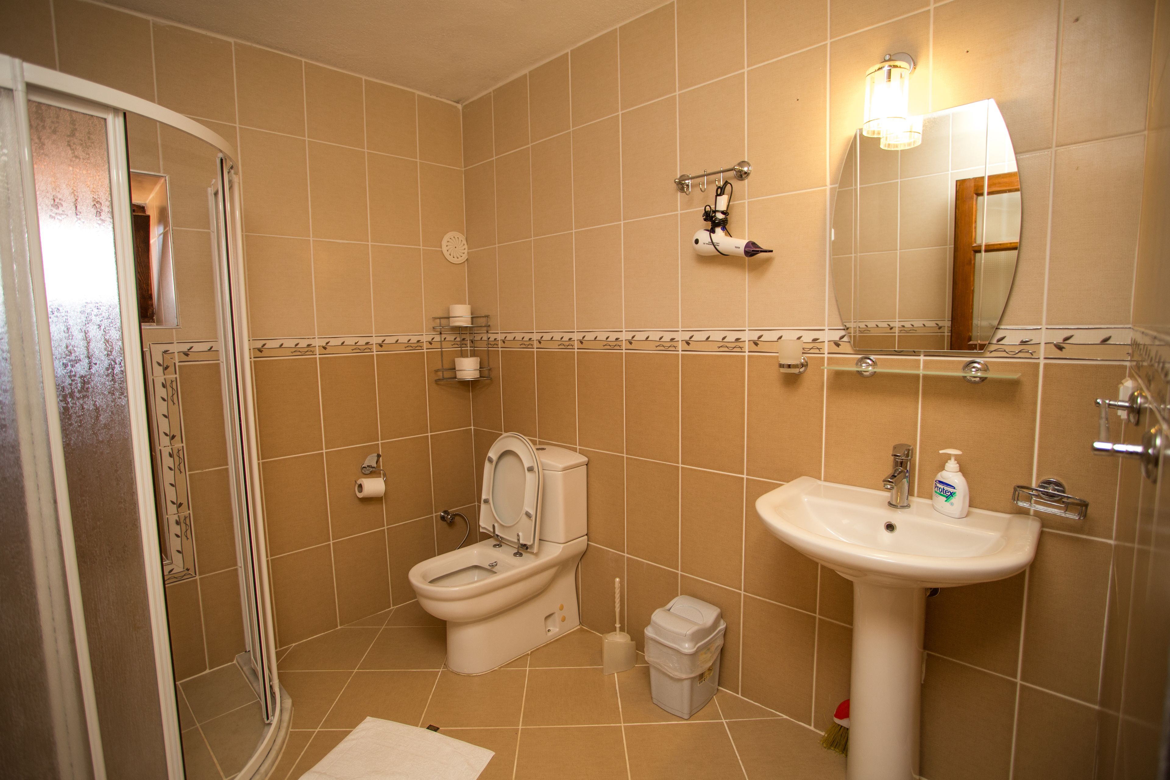 A bathroom with a toilet, sink, and shower.