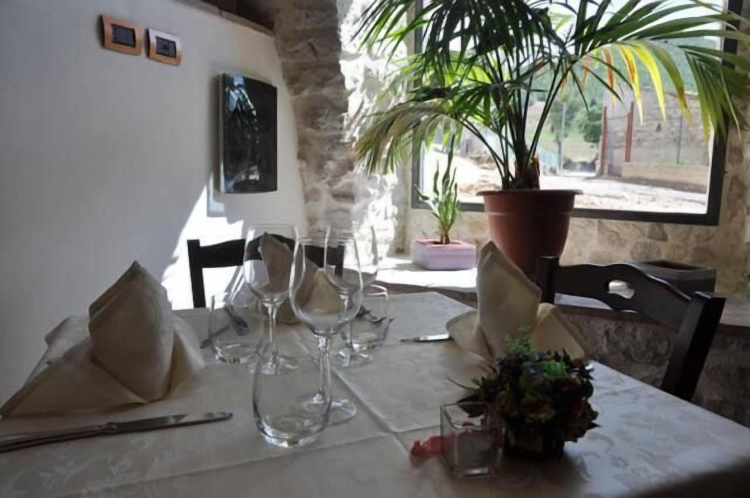 Una mesa de comedor dispuesta con cristalería, una planta en maceta y un pequeño florero con flores.