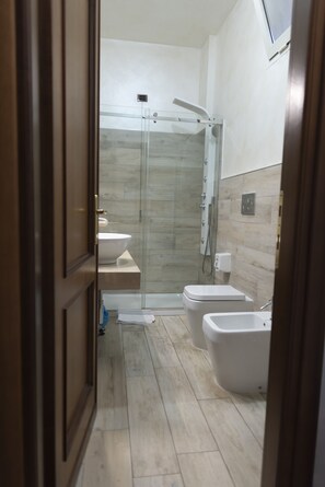 Comfort Room | Bathroom | Shower, rainfall showerhead, hair dryer, bathrobes
