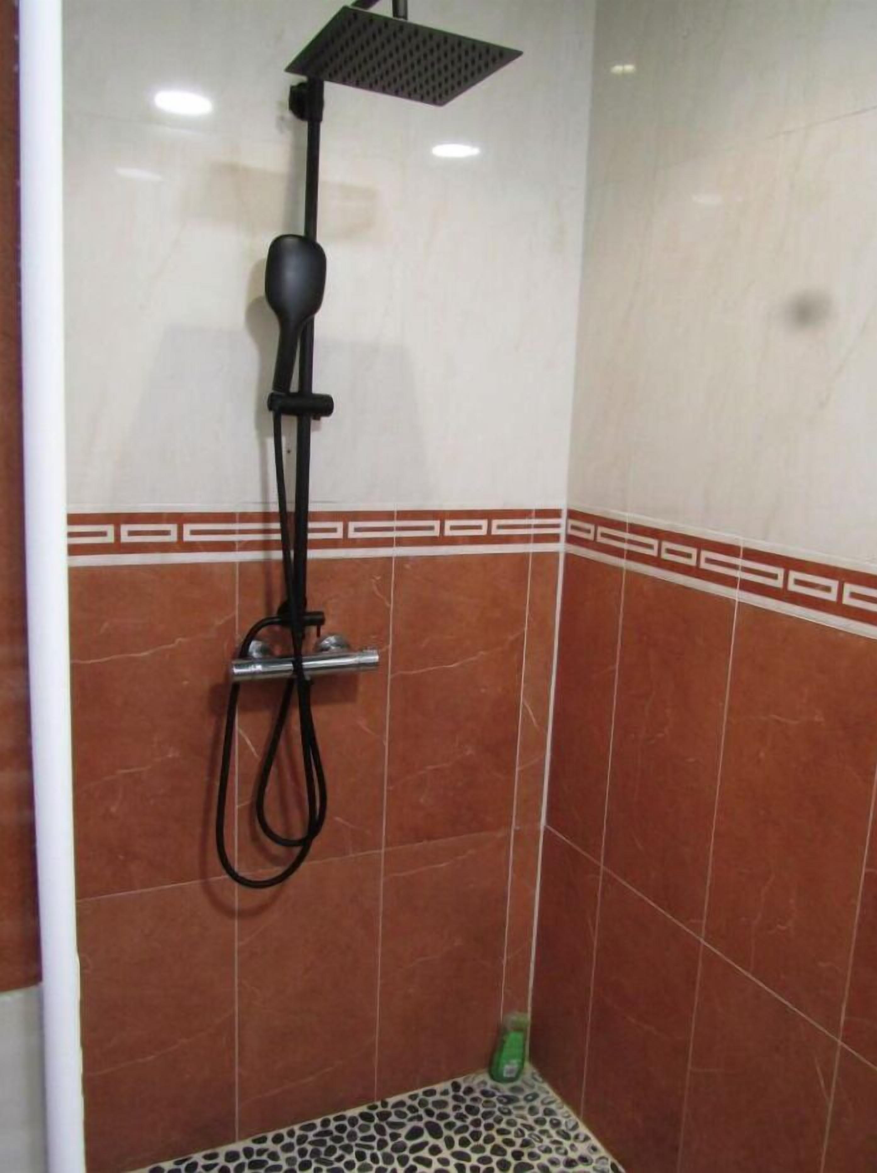 Una ducha con cabezal de ducha manual y sistema de ducha lluvia.
