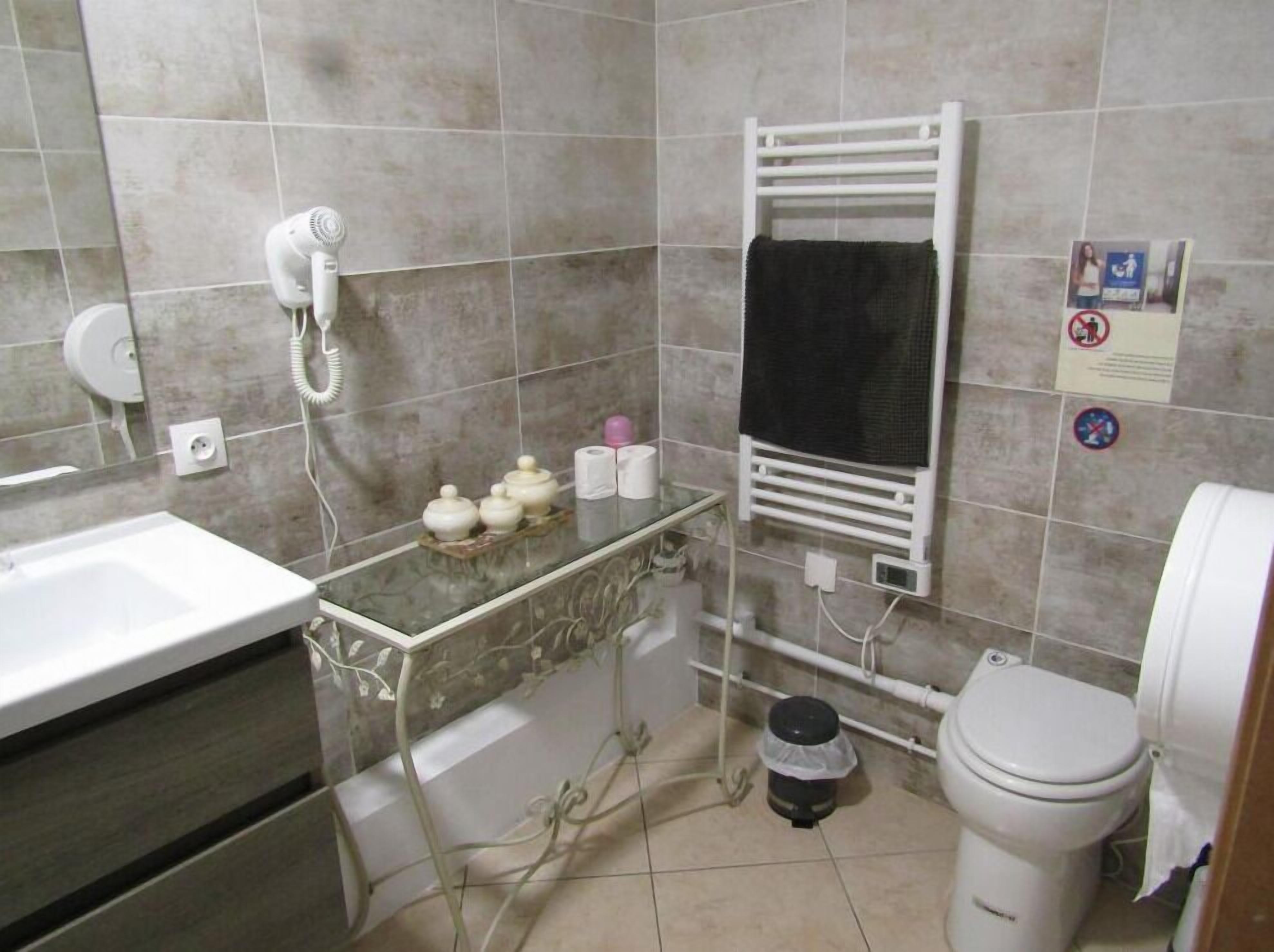 A bathroom with a white sink, a hairdryer, a towel rack, and a toilet.