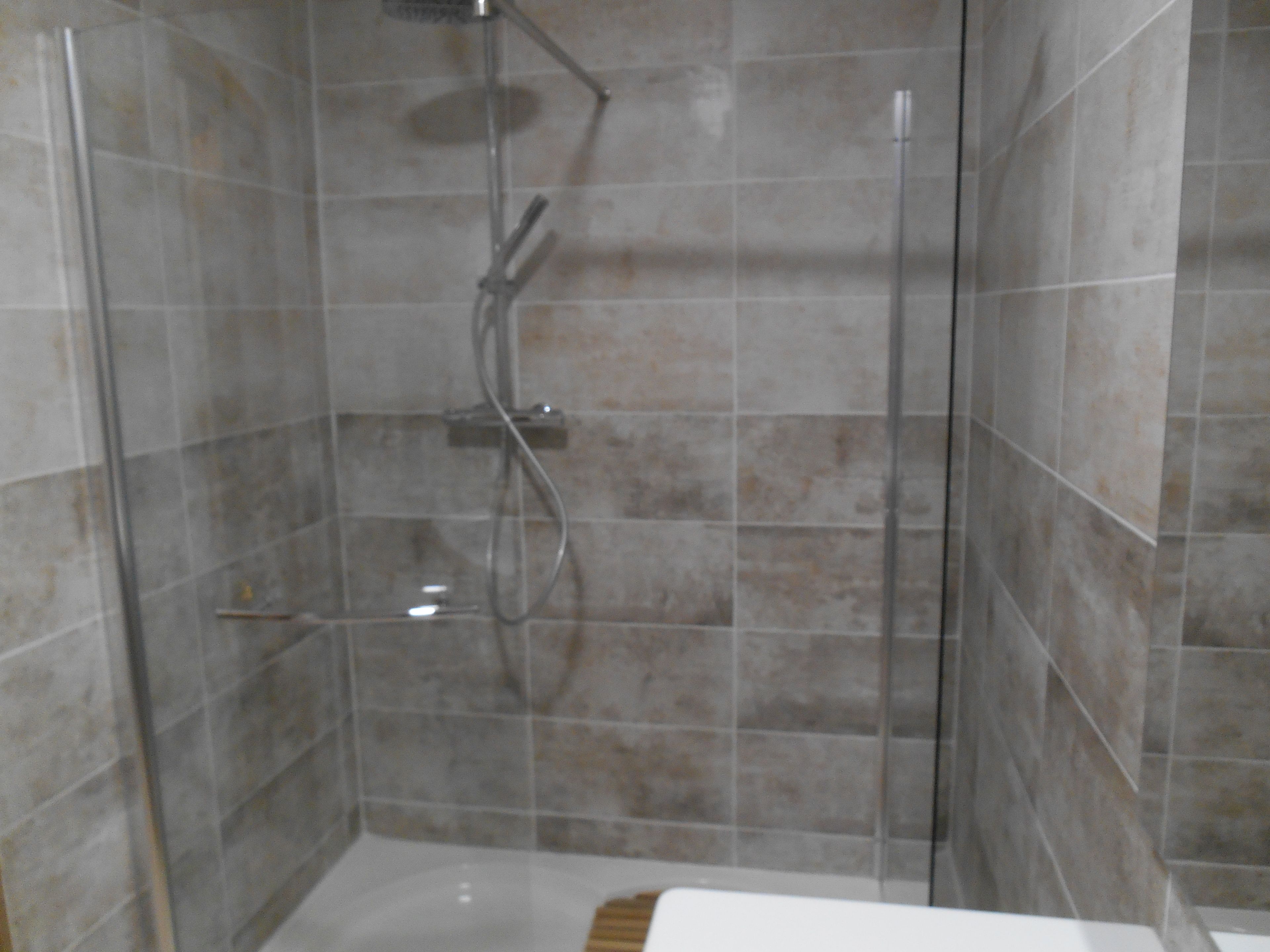 A shower with a glass door, a handheld showerhead, and a wall-mounted faucet.