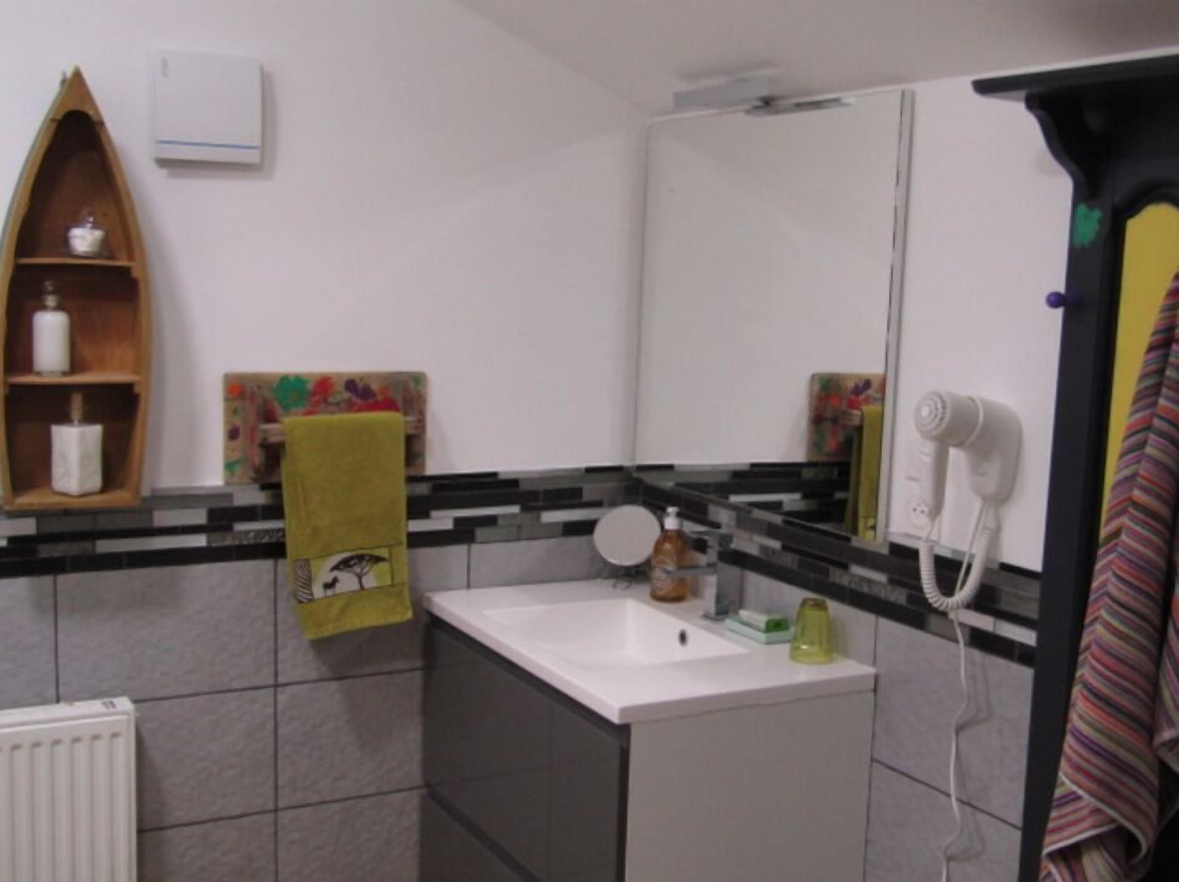 A bathroom with a white sink, a mirror, a hairdryer, and a towel rack.