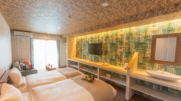 A hotel room with two beds, a TV, a wooden ceiling, a large window, and a bathroom with a mirror and sink.